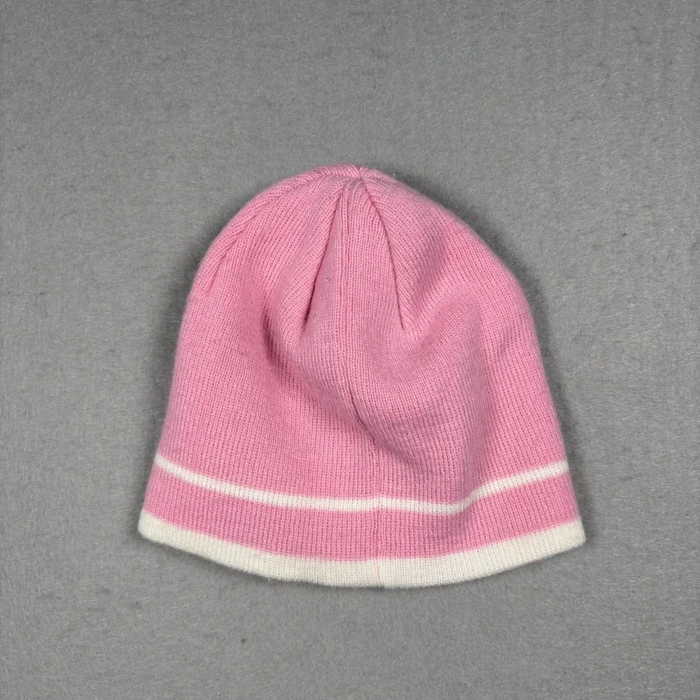 Vintage Nike Girls Beanie Pink White Striped Swoosh Knit Winter Hat Youth OS Y2K